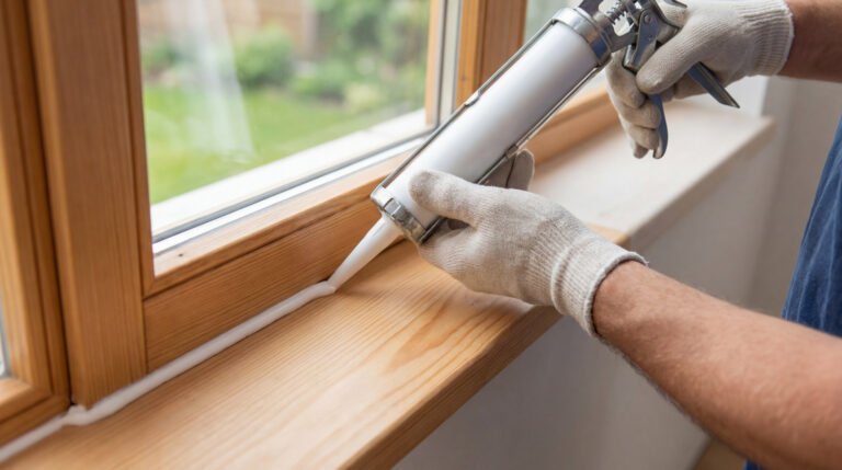 Une personne gantée applique du mastic blanc avec un pistolet sur le rebord d'une fenêtre en bois, assurant l'étanchéité.
