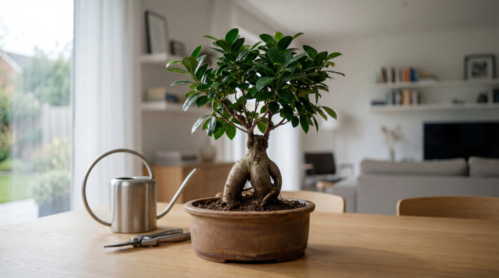 Bonsaï Ficus Ginseng avec un arrosoir et des sécateurs sur une table en bois. Arrière-plan lumineux d'un salon moderne.