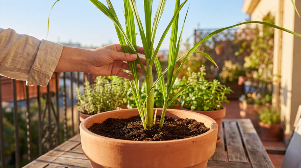 Main touchant délicatement les feuilles vertes d'une canne à sucre en pot sur une table en bois sur un balcon ensoleillé.
