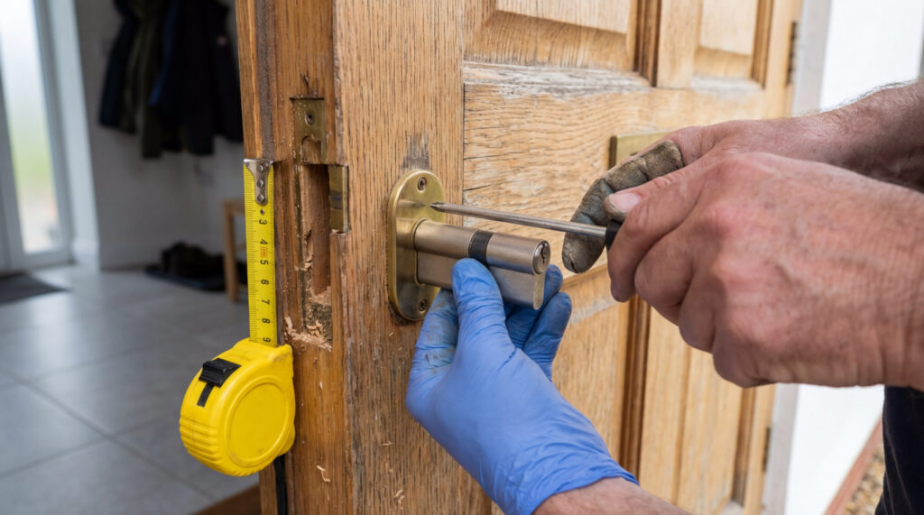 Gros plan sur des mains installant ou remplaçant un barillet de porte en bois à l'aide d'un tournevis. Un mètre-ruban jaune est accroché.