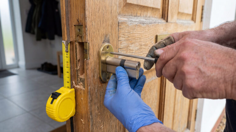Gros plan sur des mains installant ou remplaçant un barillet de porte en bois à l'aide d'un tournevis. Un mètre-ruban jaune est accroché.