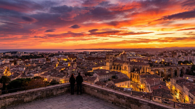 Vue aérienne de Montpellier au coucher du soleil, ciel orange et violet, cathédrale Saint-Pierre, deux personnes sur une terrasse.