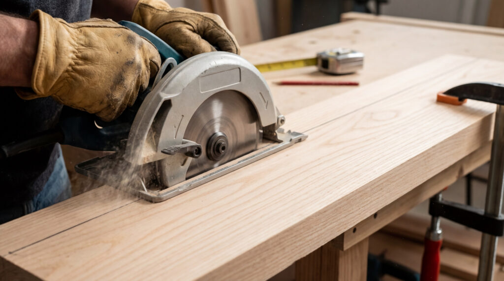 Personne avec gants coupant un plan de travail en bois à la scie circulaire. Sciure visible, ruban à mesurer en arrière-plan.