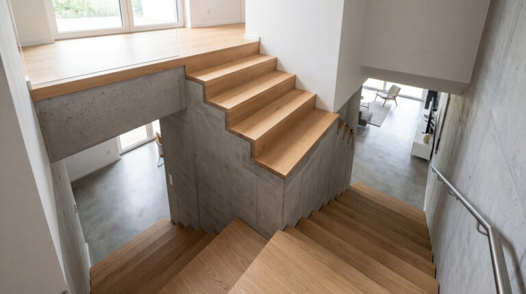 Vue plongeante sur un escalier moderne en béton brut et marches en bois clair, reliant deux niveaux au design contemporain.
