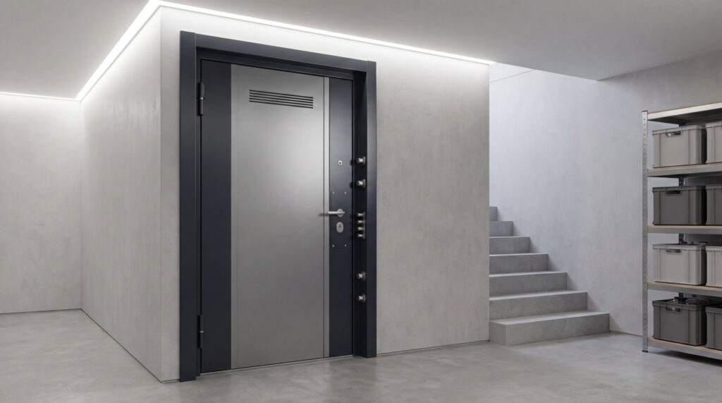Porte de cave métallique A2P grise avec serrures multipoints et cadre foncé. Éclairage LED moderne, escalier et étagères de rangement.