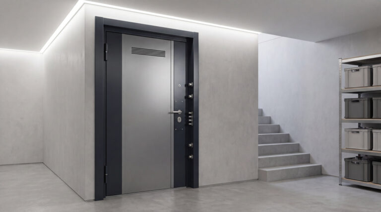 Porte de cave métallique A2P grise avec serrures multipoints et cadre foncé. Éclairage LED moderne, escalier et étagères de rangement.