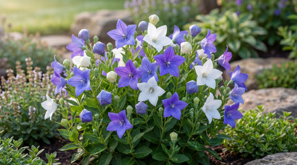 Platycodons aux fleurs étoilées bleues et blanches avec de nombreux boutons en forme de ballon, dans un jardin ensoleillé.