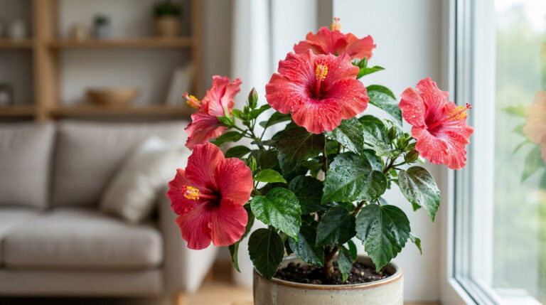 Hibiscus rose de Chine en pot, grandes fleurs rouges éclatantes et feuilles vertes brillantes avec gouttelettes. Sur un rebord de fenêtre, intérieur lumineux.