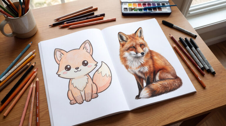 Un livre de coloriage ouvert montrant un renard mignon et un renard réaliste, entouré de crayons de couleur et de marqueurs.