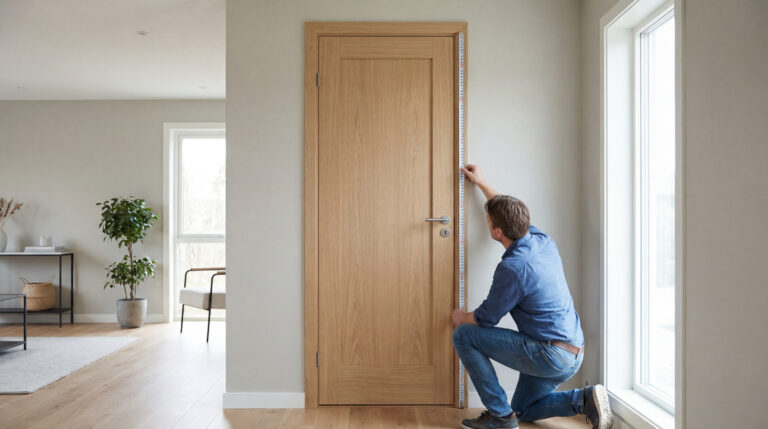 Un homme agenouillé mesure la hauteur d'une porte en bois clair avec un mètre ruban, dans un intérieur moderne.