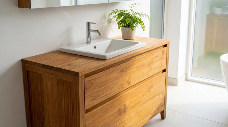Meuble sous-vasque en teck clair avec lavabo blanc, robinet chromé et plante verte dans une salle de bain lumineuse.
