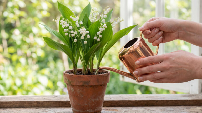 Mains arrosant un pot de muguet fleuri avec un petit arrosoir en cuivre, sur un rebord de fenêtre en bois.