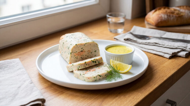 Un pain de poisson tranché sur une assiette blanche, garni de saumon et d'herbes. Accompagné de sauce, citron et aneth.