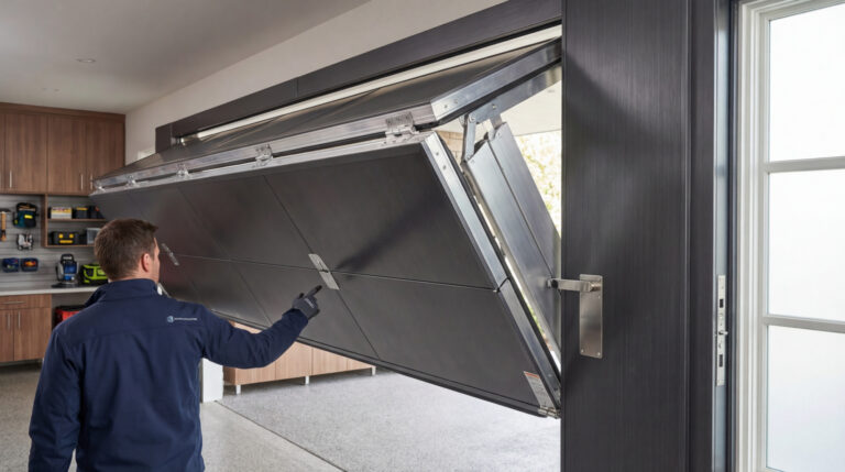 Un professionnel installe une porte de garage pliante anthracite. L'homme examine le mécanisme d'ouverture dans un garage.