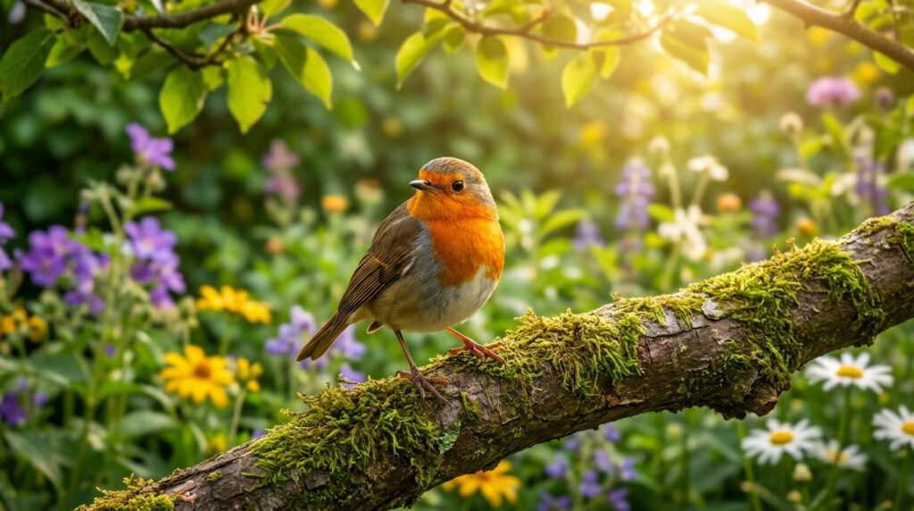 Un rouge-gorge au plumage orange et gris est posé sur une branche moussue, devant un arrière-plan flou de fleurs colorées sous le soleil.
