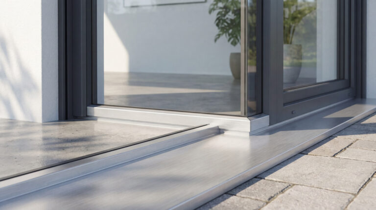 Vue rapprochée d'un seuil de porte-fenêtre coulissante moderne en aluminium, entre intérieur clair et pavés extérieurs.
