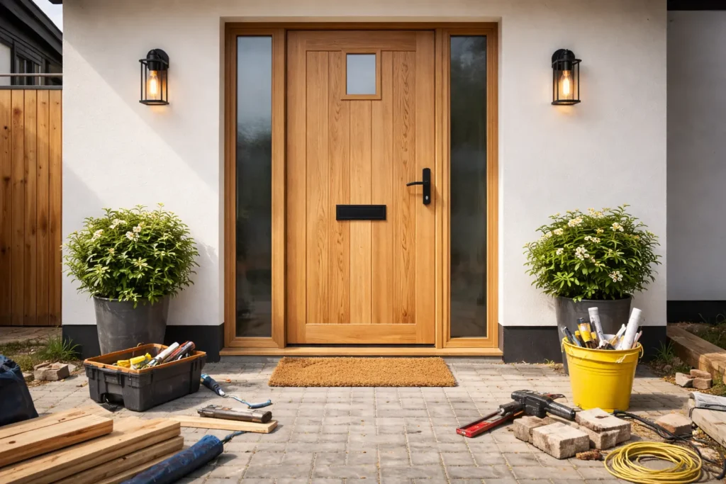 porte fin de chantier bois